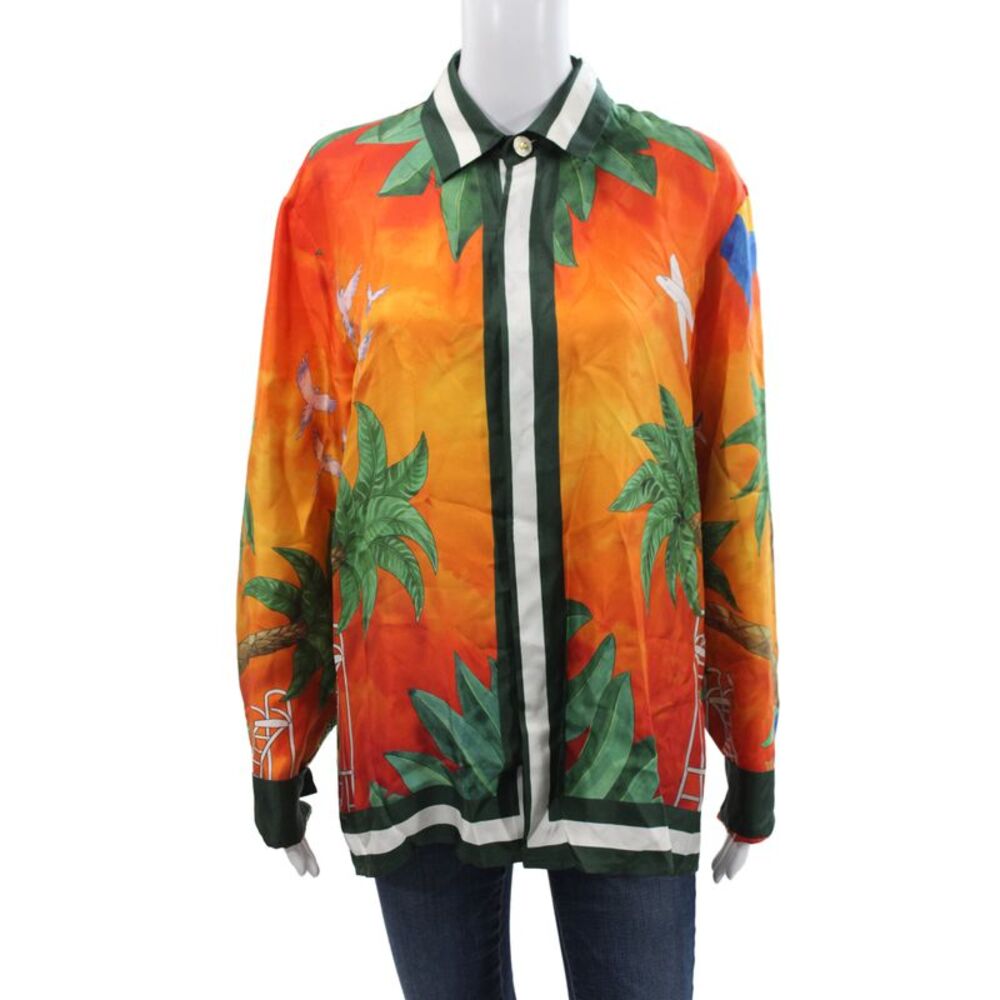 Casablanca Unisex Silk Striped Collared Button-Up Long Sleeve Green Size S